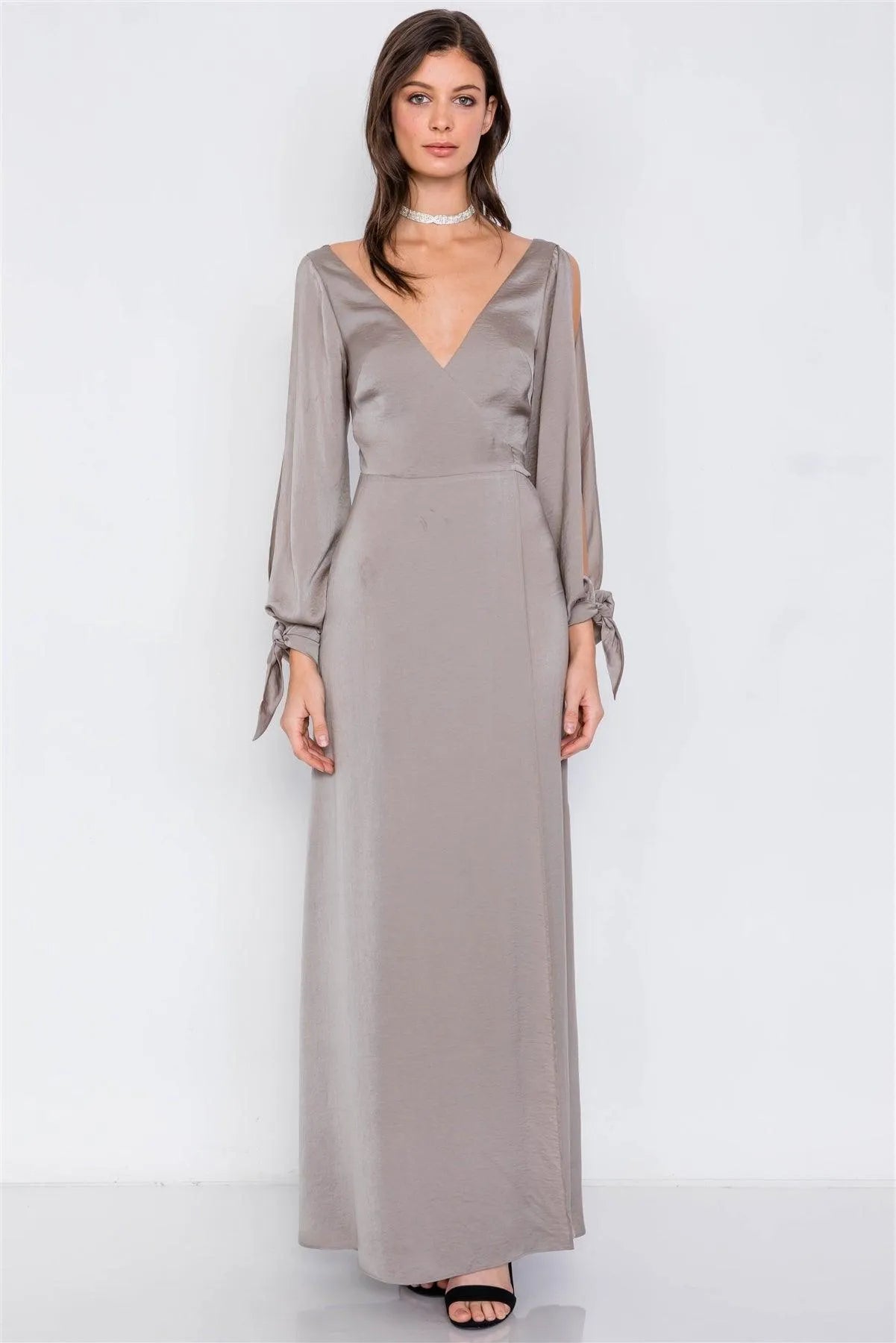 Gun Metal Satin Cold Shoulder Wrap Chic V-Neck Maxi Dress /3-2-1 - Tasha Apparel Wholesale