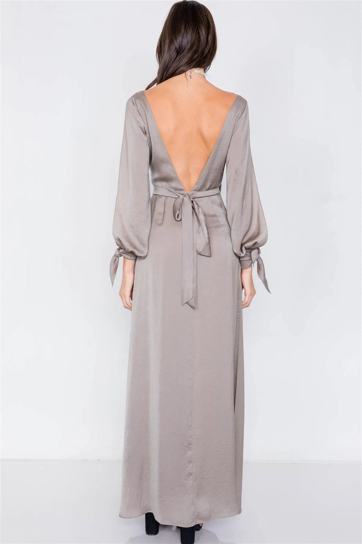 Gun Metal Satin Cold Shoulder Wrap Chic V-Neck Maxi Dress /3-2-1 - Tasha Apparel Wholesale