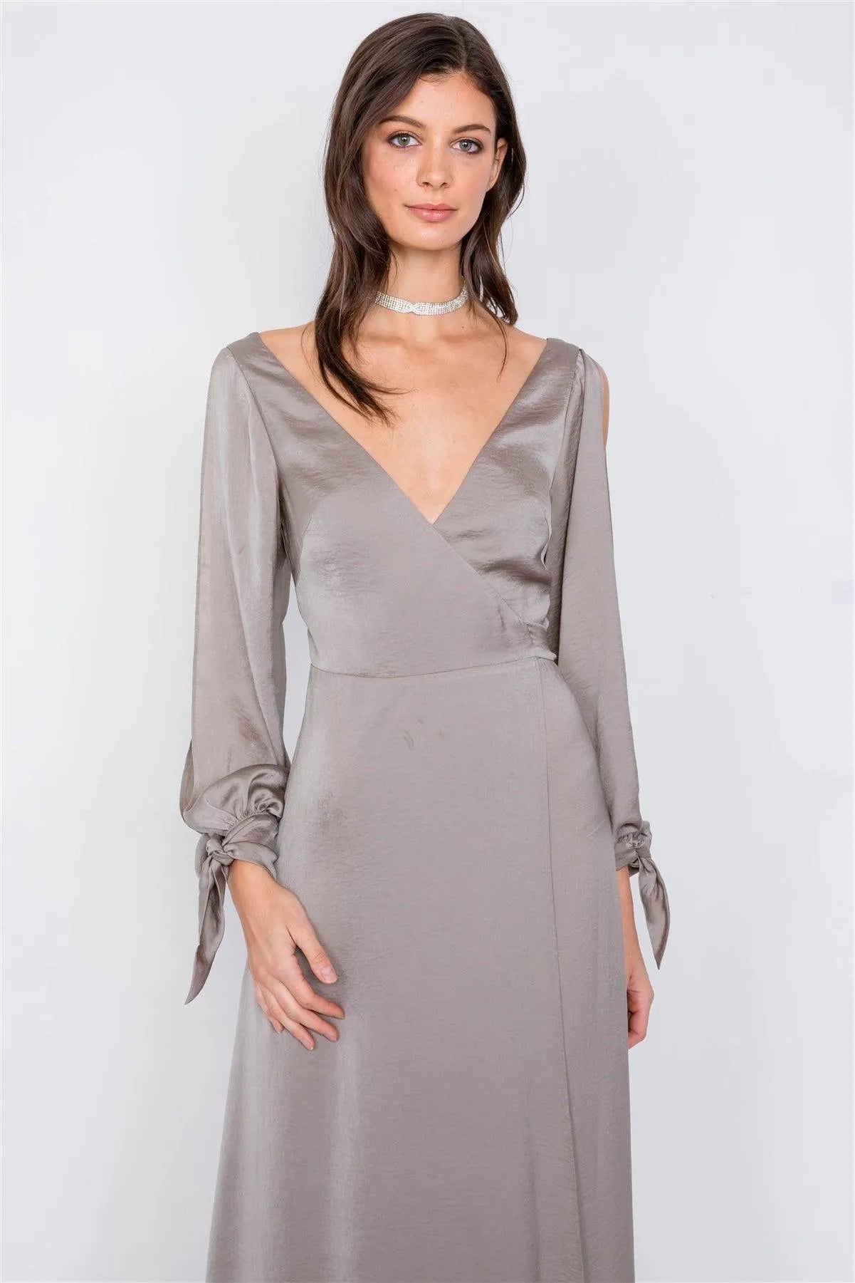 Gun Metal Satin Cold Shoulder Wrap Chic V-Neck Maxi Dress /3-2-1 - Tasha Apparel Wholesale