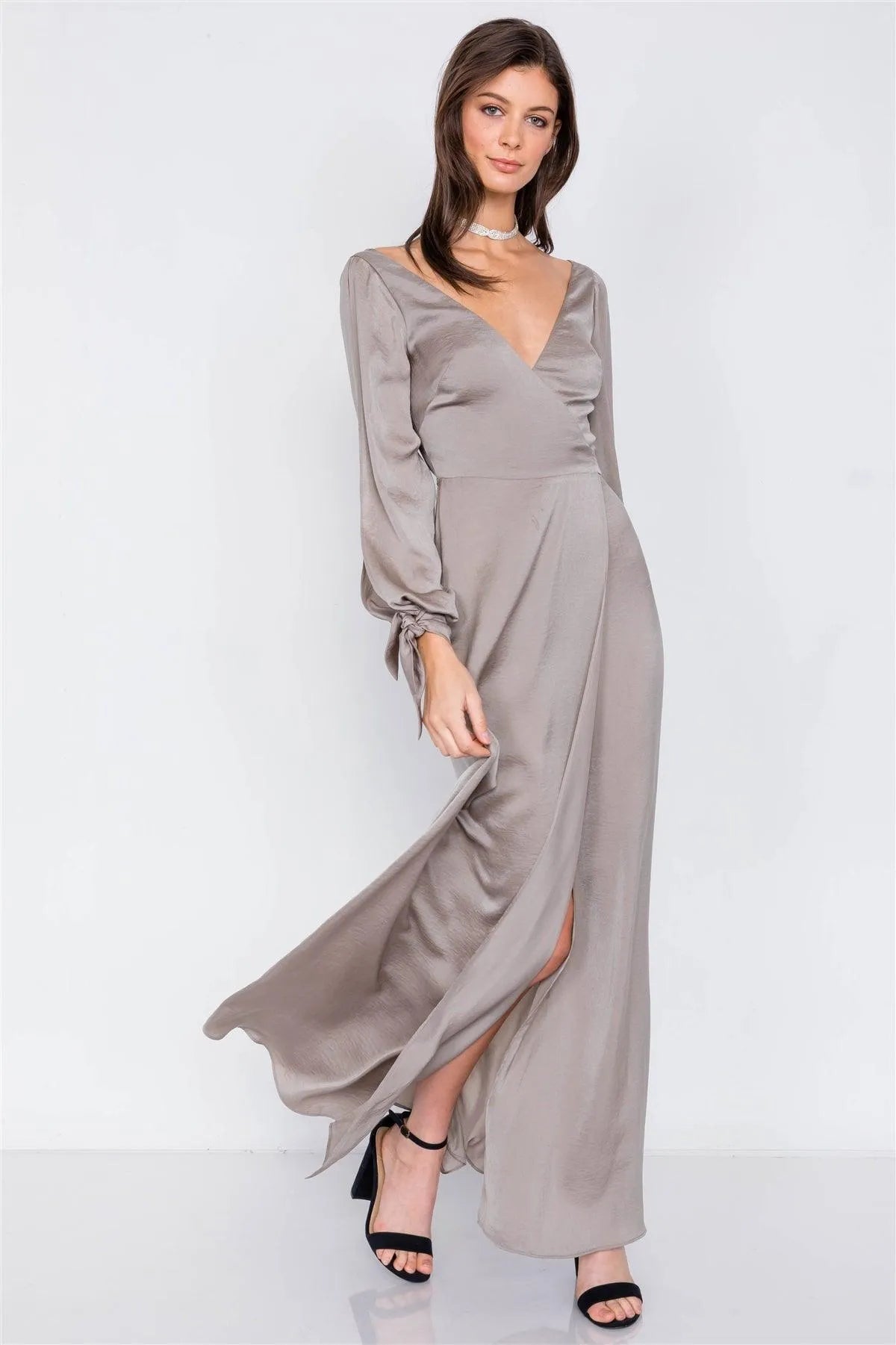 Gun Metal Satin Cold Shoulder Wrap Chic V-Neck Maxi Dress /3-2-1 - Tasha Apparel Wholesale