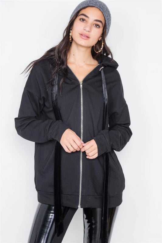 Black Cotton Zip-Up Hoodie Sweater /4-2 - Tasha Apparel Wholesale