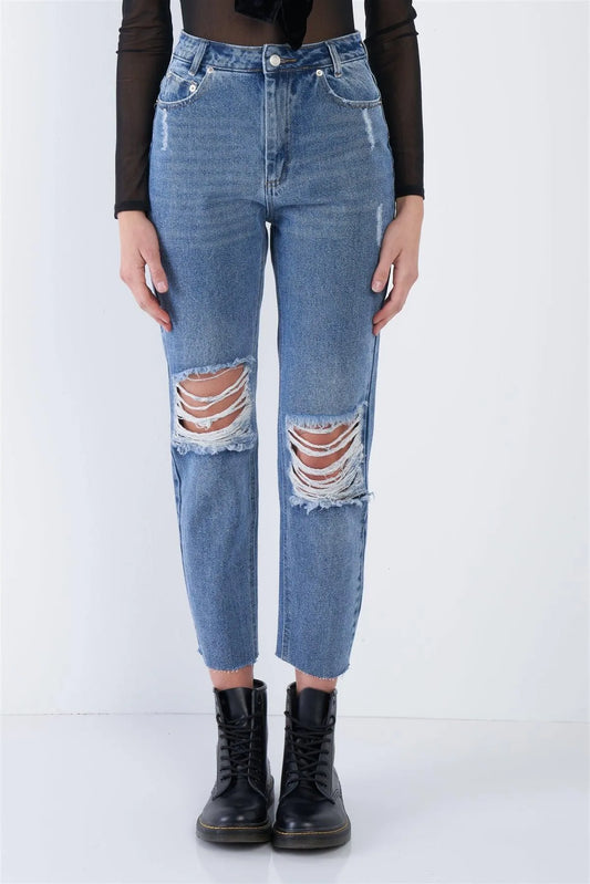 Denim Blue High-Waist Distressed Raw Hem Jeans /3-1-1 - Tasha Apparel Wholesale