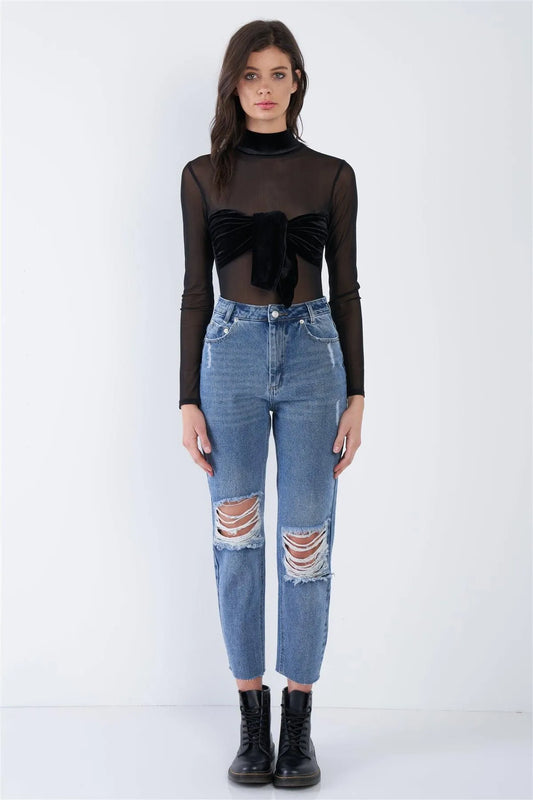 Denim Blue High-Waist Distressed Raw Hem Jeans /4-2 - Tasha Apparel Wholesale