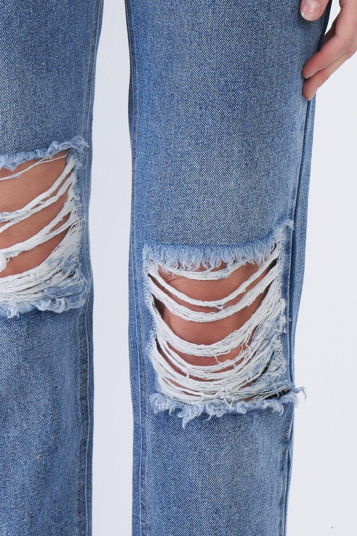 Denim Blue High-Waist Distressed Raw Hem Jeans