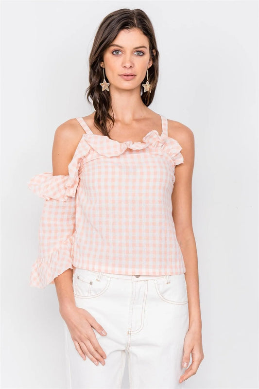 Malibu Peach & White Cotton Checkered One Shoulder Top /3-2-1 - Tasha Apparel Wholesale