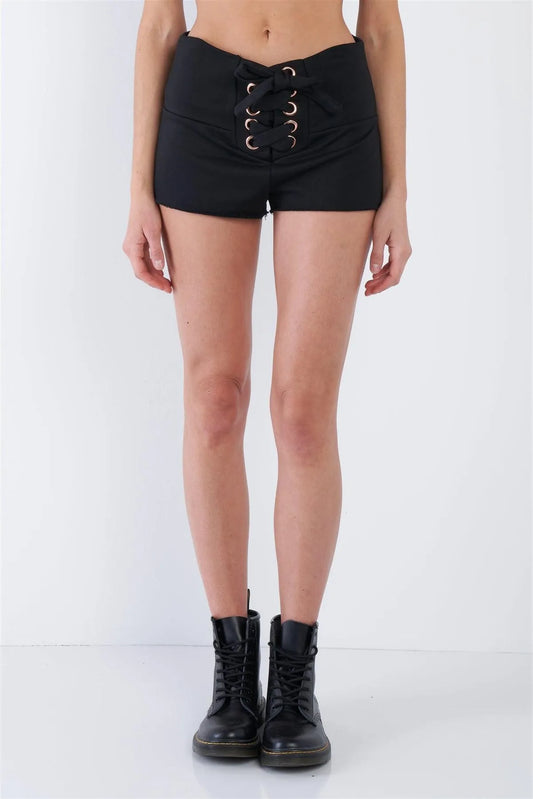 Black Lace Up Casual Raw Hem Short Shorts /2-1-1 - Tasha Apparel Wholesale
