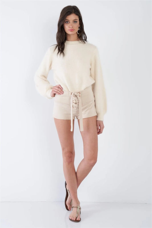 Ecru Nude Lace Up Casual Raw Hem Short Shorts /3-2-1 - Tasha Apparel Wholesale