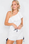 Off-White & Navy Blue One Shoulder Flounce Cotton Romper /3-2-1 - Tasha Apparel Wholesale