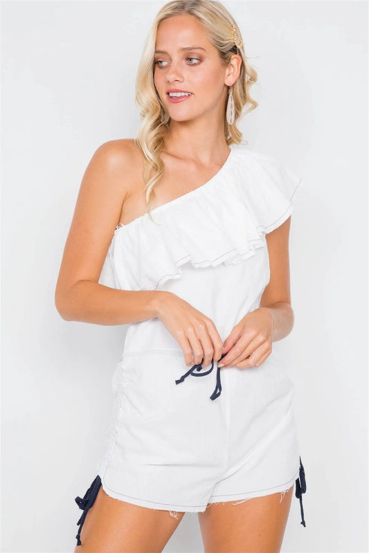 Off-White & Navy Blue One Shoulder Flounce Cotton Romper /3-2-1 - Tasha Apparel Wholesale