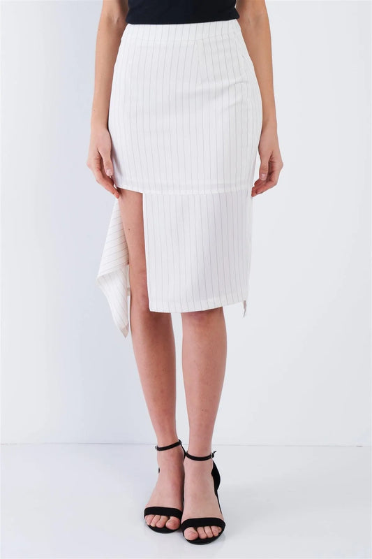Off-White Pinstripe Cut Out Asymmetrical Hem Bodycon Midi Skirt - Tasha Apparel Wholesale