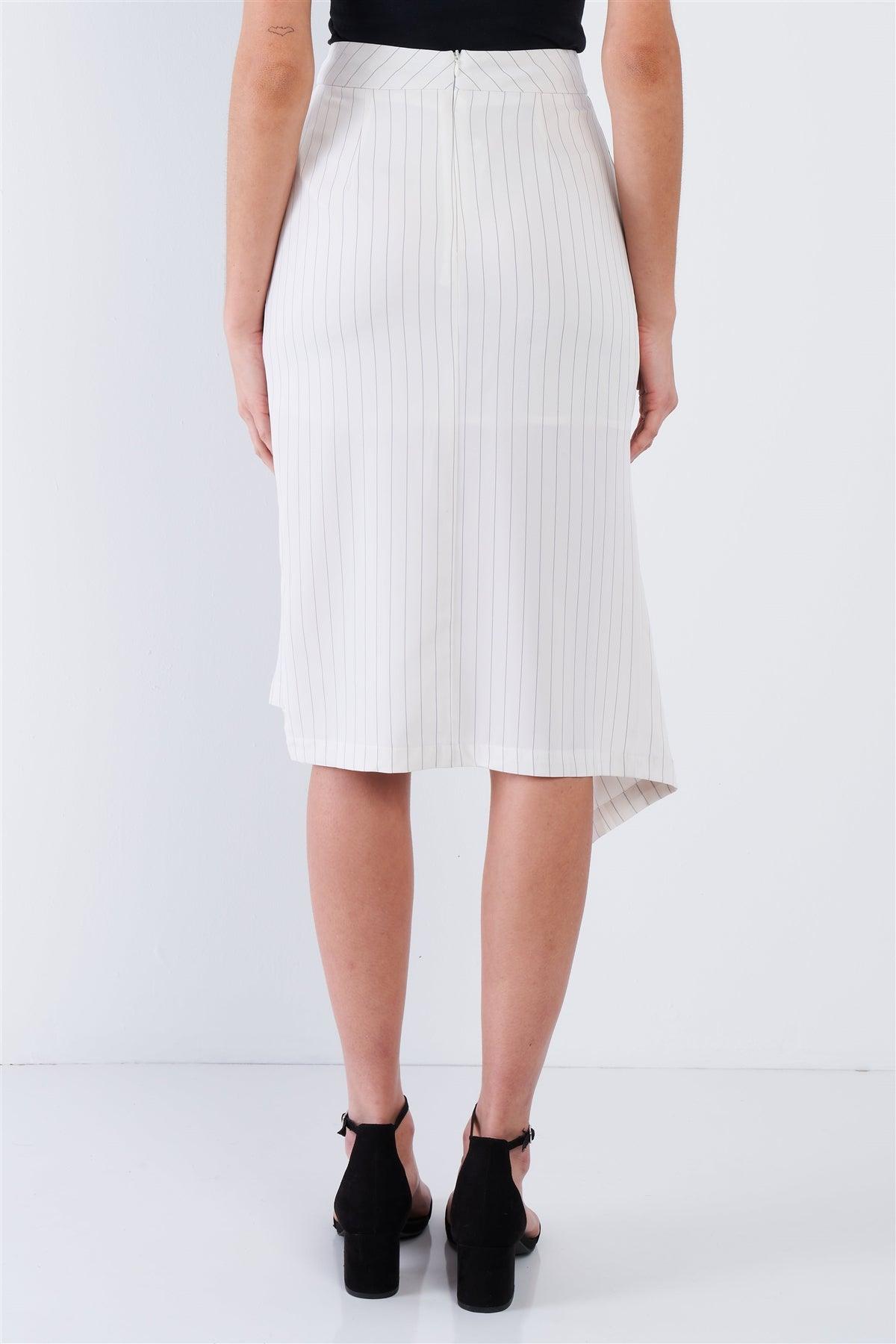Off-White Pinstripe Cut Out Asymmetrical Hem Bodycon Midi Skirt