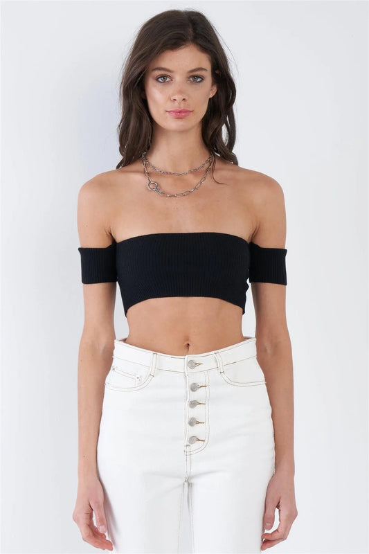 Black Off-The-Shoulder Ribbed Chic Crop Top /3-2-1 - Tasha Apparel Wholesale