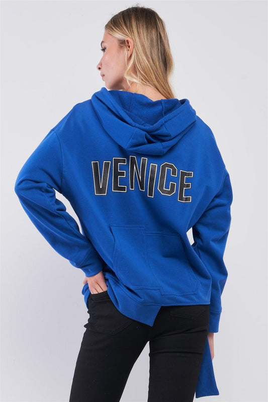 Cobalt Blue Oversized Uneven Hem Graphic "Venice" Pullover Hoodie Sweatshirt /3-2-1 - Tasha Apparel Wholesale