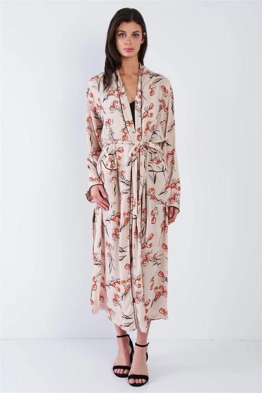 Flower Self-Tie Sheer Maxi Side Slit Kimono Duster - Tasha Apparel Wholesale