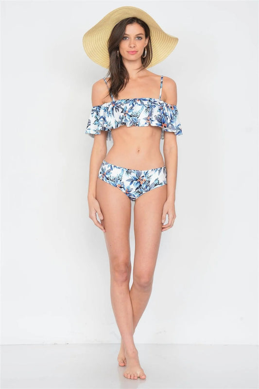 Blue Tropical Frill Cami & Mid-Rise Bikini Set /2-2-1 - Tasha Apparel Wholesale