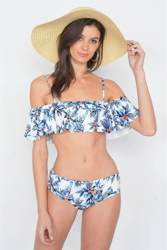 Blue Tropical Frill Cami & Mid-Rise Bikini Set /3-2-1 - Tasha Apparel Wholesale
