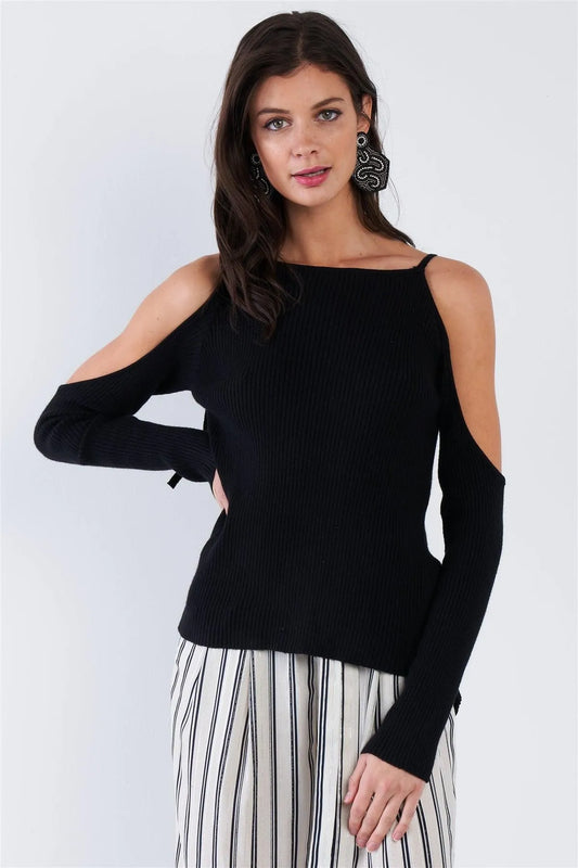 Black Ribbed Off The Shoulder Open Back Causal Top /3-2-1 - Tasha Apparel Wholesale