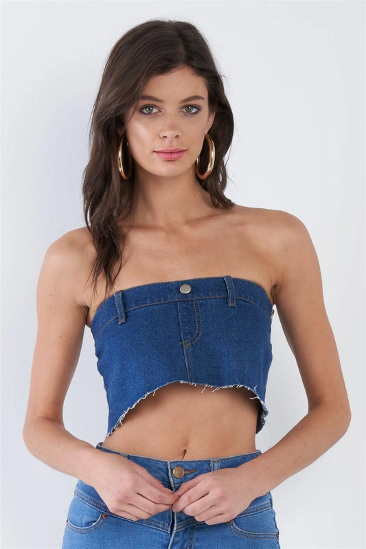 Denim Blue Raw Hem Cotton Mini Bandeau Top /3-2-1 - Tasha Apparel Wholesale