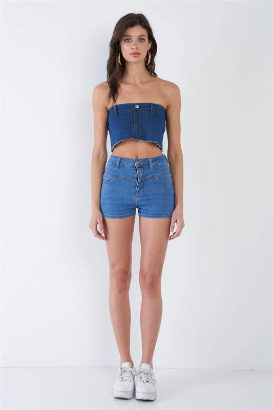 Denim Blue Raw Hem Cotton Mini Bandeau Top /4-2-1 - Tasha Apparel Wholesale