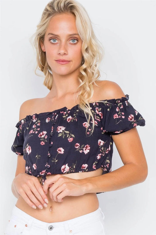 Black Boho Floral Off-The-Shoulder Flounce Trim Crop Top /3-2-1 - Tasha Apparel Wholesale