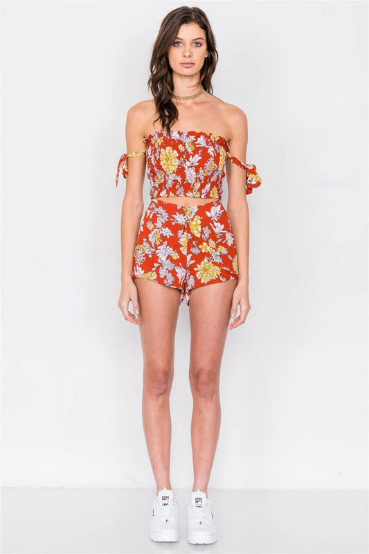 Rust Sketch Floral Print Off-The-Shoulder Ruched Crop and Mock Wrap Mini Short Set /3-2-1 - Tasha Apparel Wholesale