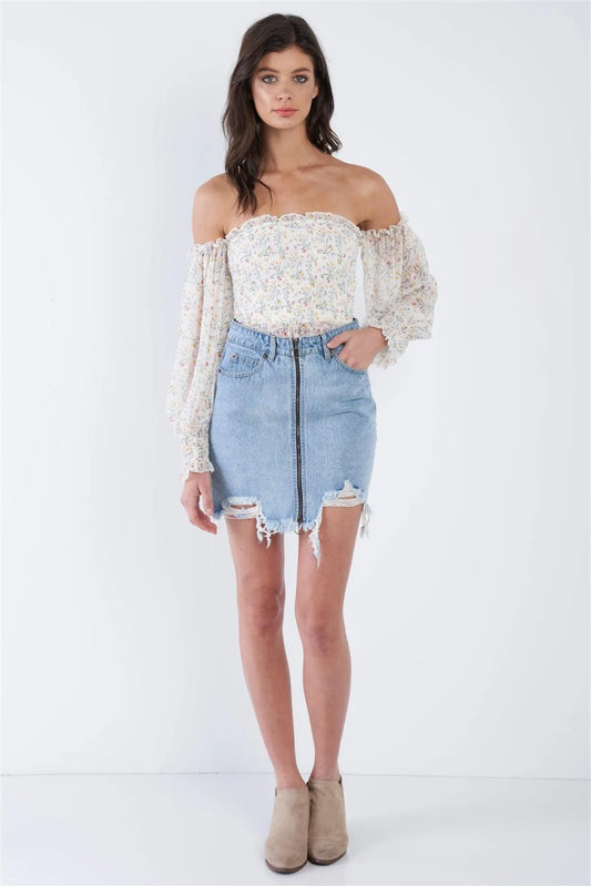 Denim Blue Front Zipper Shark Bite Raw Hem Mini Skirt /3-2-1 - Tasha Apparel Wholesale