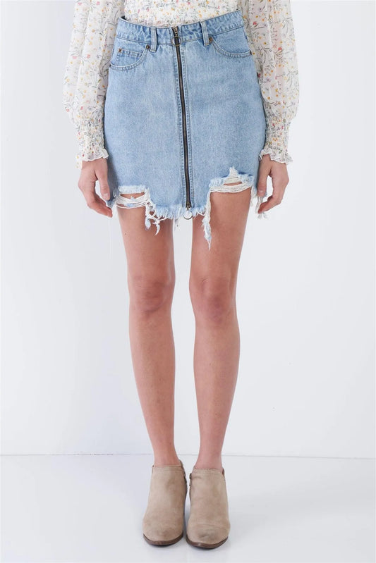 Denim Blue Front Zipper Shark Bite Raw Hem Mini Skirt /4-2-1 - Tasha Apparel Wholesale