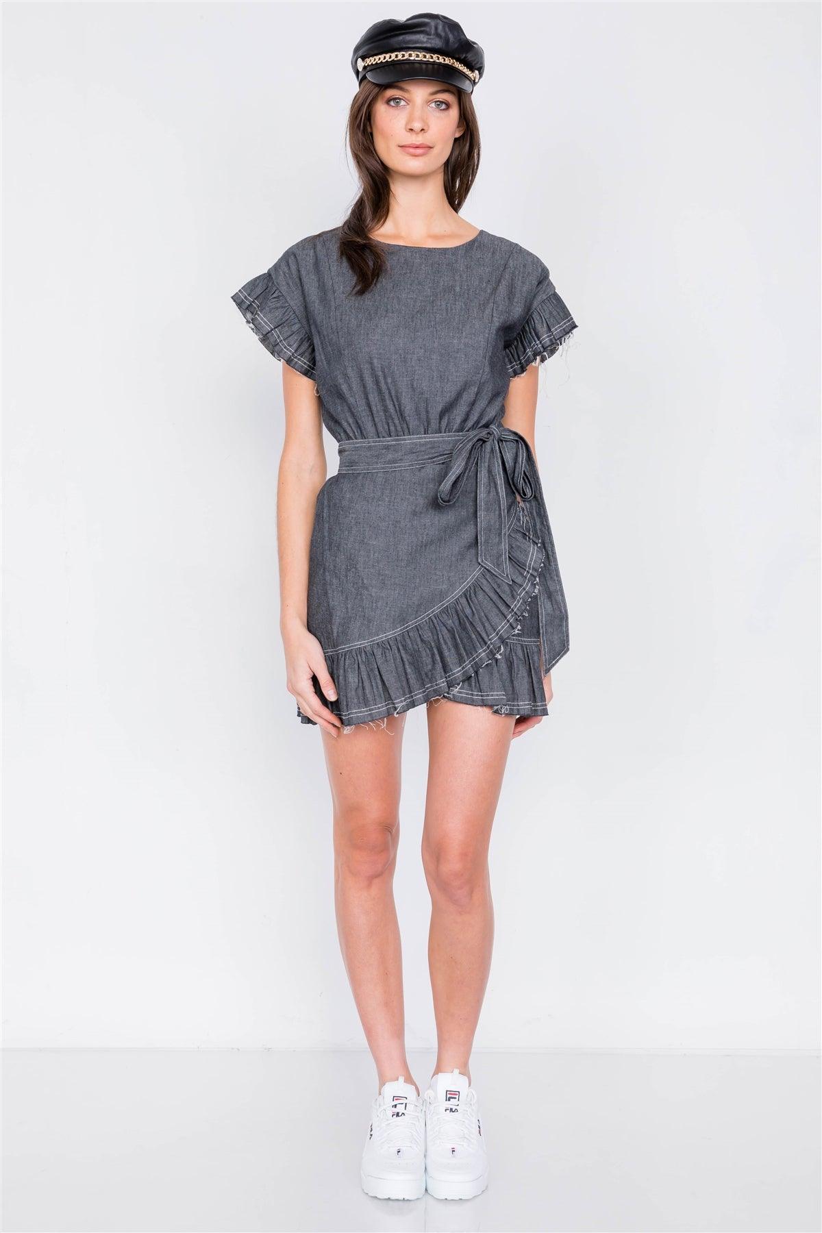 Black Denim Raw Frill Contrast Trim Hem Wrap Casual Mini Dress  /1-2-1