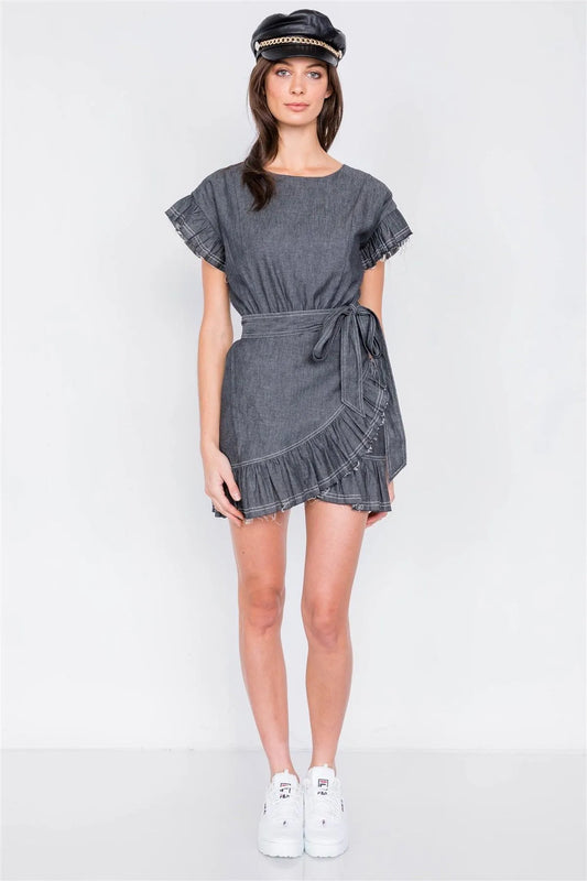 Black Denim Raw Frill Contrast Trim Hem Wrap Casual Mini Dress /1-2-1 - Tasha Apparel Wholesale