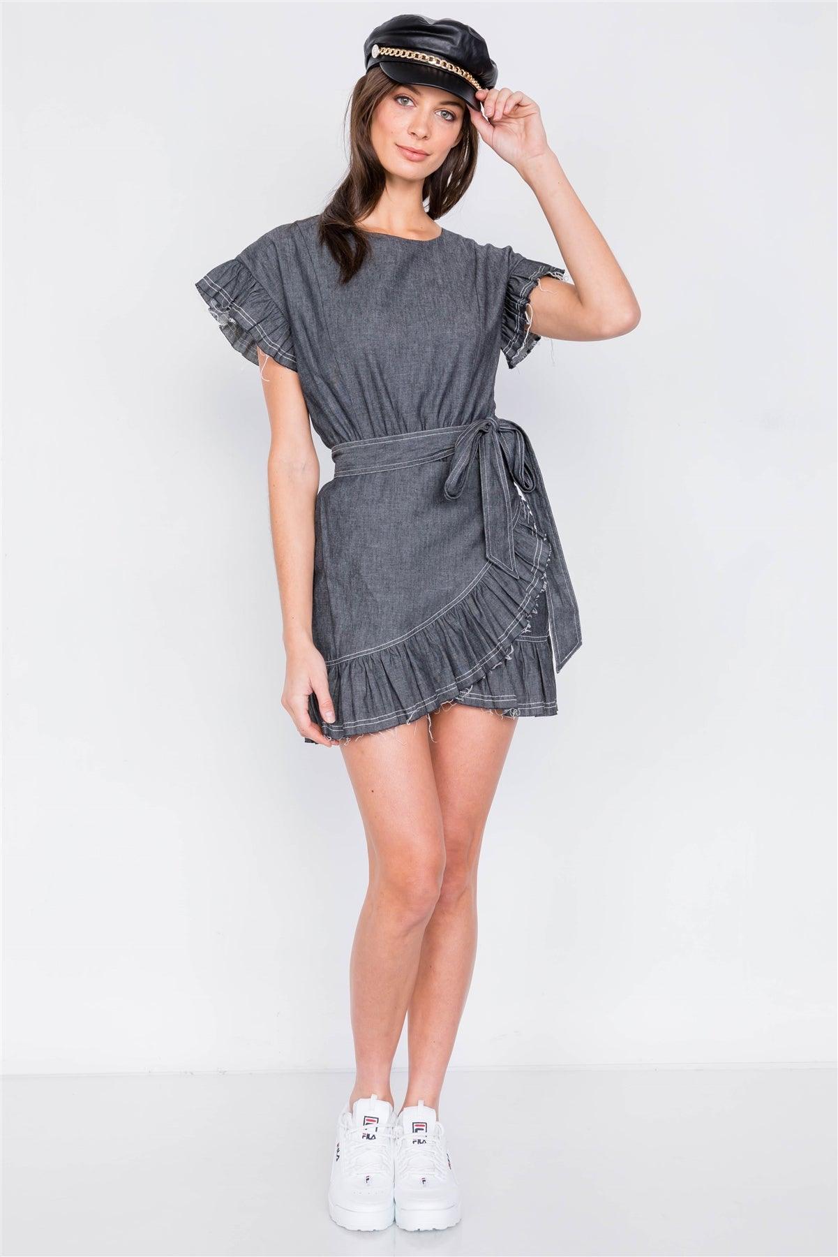 Black Denim Raw Frill Contrast Trim Hem Wrap Casual Mini Dress  /1-2-1
