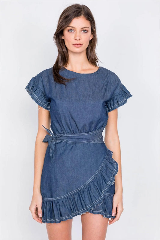 Dark Denim Raw Frill Contrast Trim Hem Wrap Casual Mini Dress /3-2-1 - Tasha Apparel Wholesale