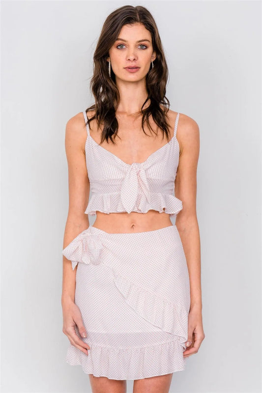 Off-White & Red Polkadot Front Knot Flounce Trim Hem Mock Wrap Mini Chic Skirt Set /3-2-1 - Tasha Apparel Wholesale