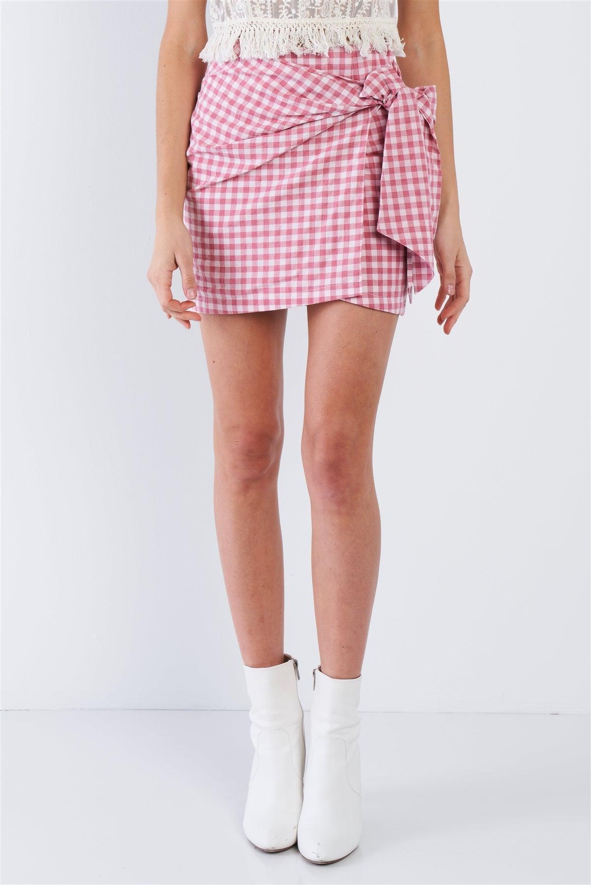 Red Checkered Mock Wrap Vintage Chic Mini Skirt  /3-2-1