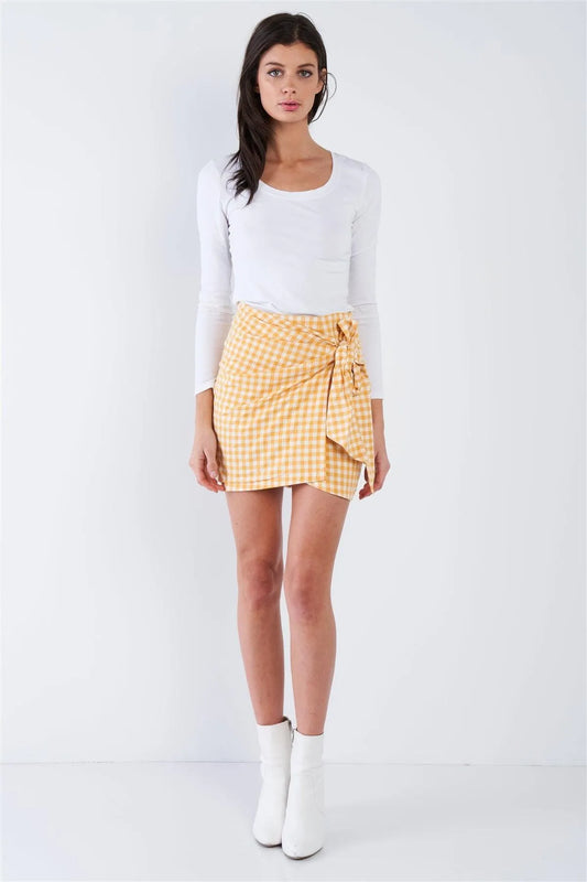 Yellow Checkered Mock Wrap Vintage Chic Mini Skirt - Tasha Apparel Wholesale