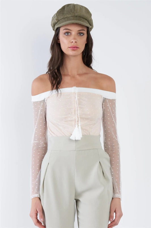 Off-White Sheer Off-The-Shoulder Polkadot Tassel Top /2-2-1 - Tasha Apparel Wholesale