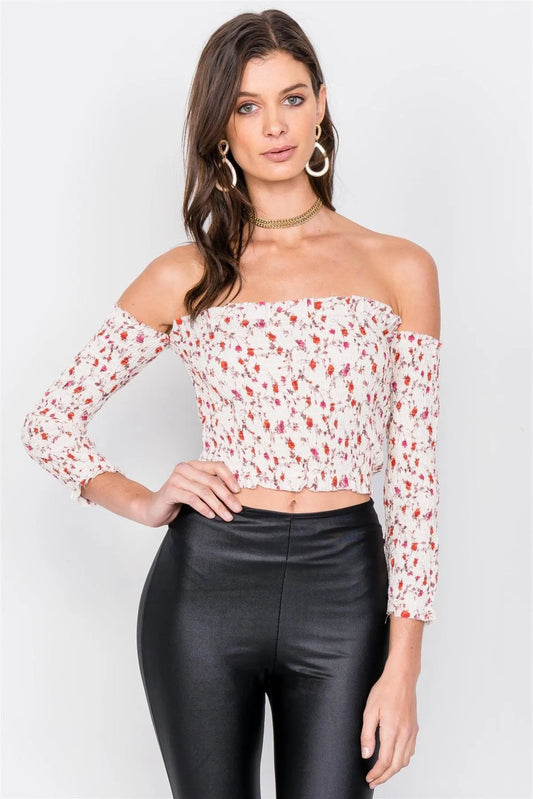 Minimalist Floral Print Ruched Off-The-Shoulder Boho Crop Top /2-1-1 - Tasha Apparel Wholesale