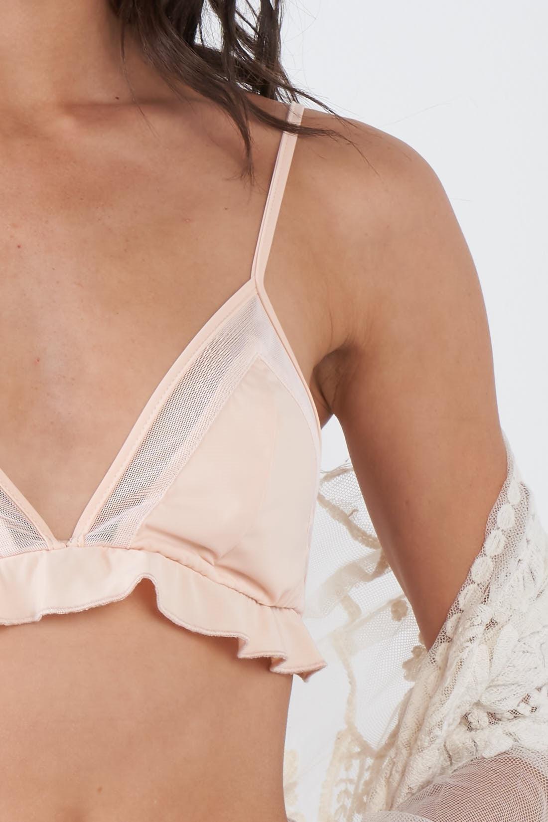 Peach Nude Sheer Triangle Cup Cut Out Side Frill Hem Bra /3-2-1