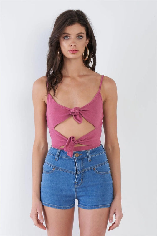 Dark Rose Pink Ribbed Center Bow Cut Out Snap Thong Bodysuit /3-2-1 - Tasha Apparel Wholesale