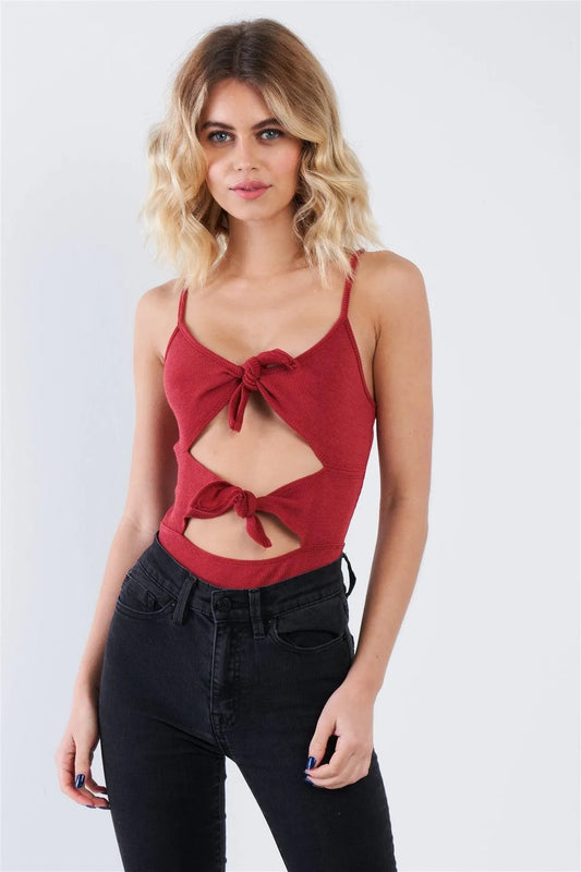 Plum Ribbed Knit Center Bow Cut Out Snap Thong Bodysuit - Tasha Apparel Wholesale