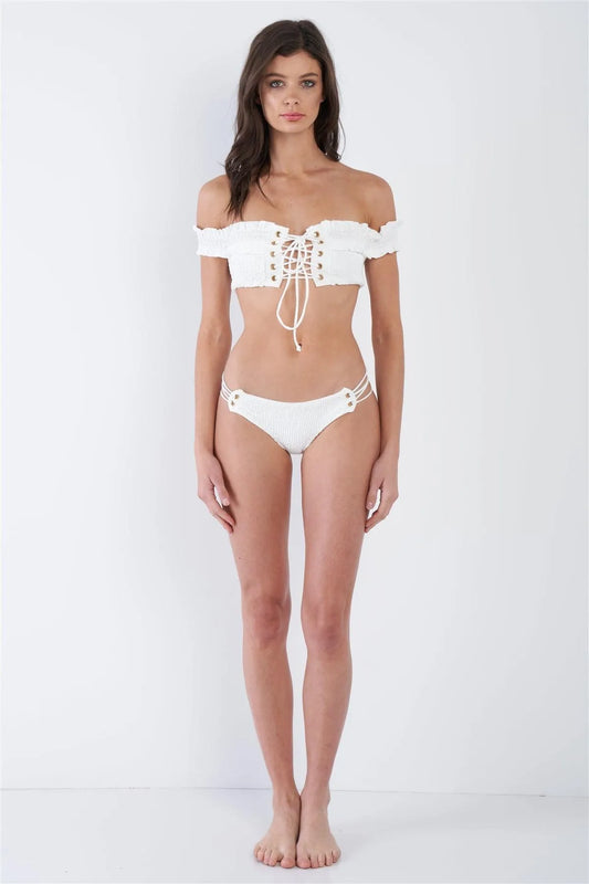 White Retro Off-The-Shoulder Lace Up Two Piece Bikini Set /3-2 - Tasha Apparel Wholesale