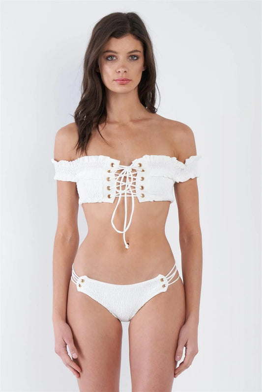 White Retro Off-The-Shoulder Lace Up Two Piece Bikini Set /2-3-1 - Tasha Apparel Wholesale