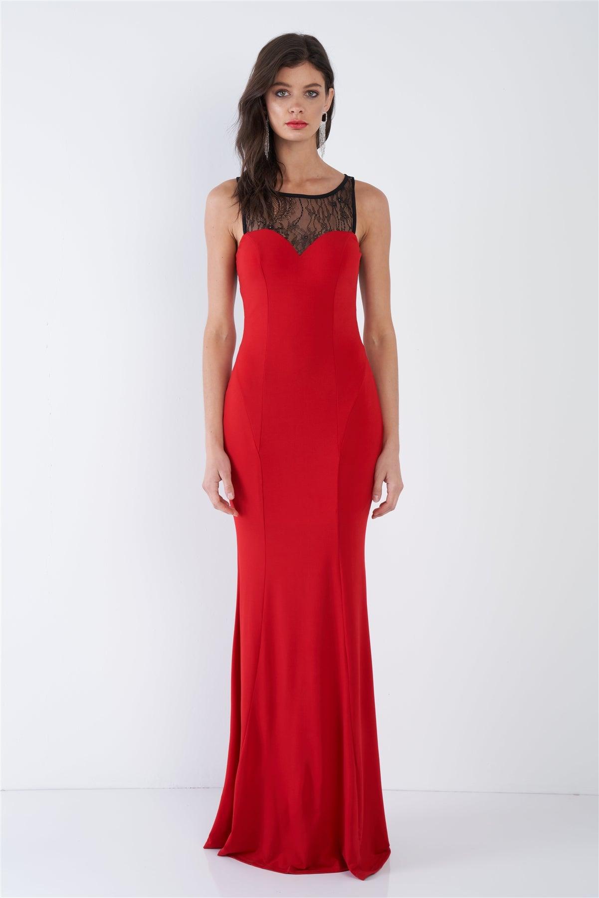 Red Sheer Lace Sweetheart Elegant Maxi Dress /2-2-2