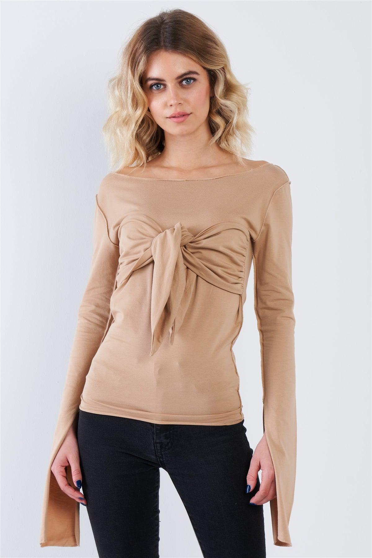 Dropshipping Tan Long Sleeve Front Tie Top