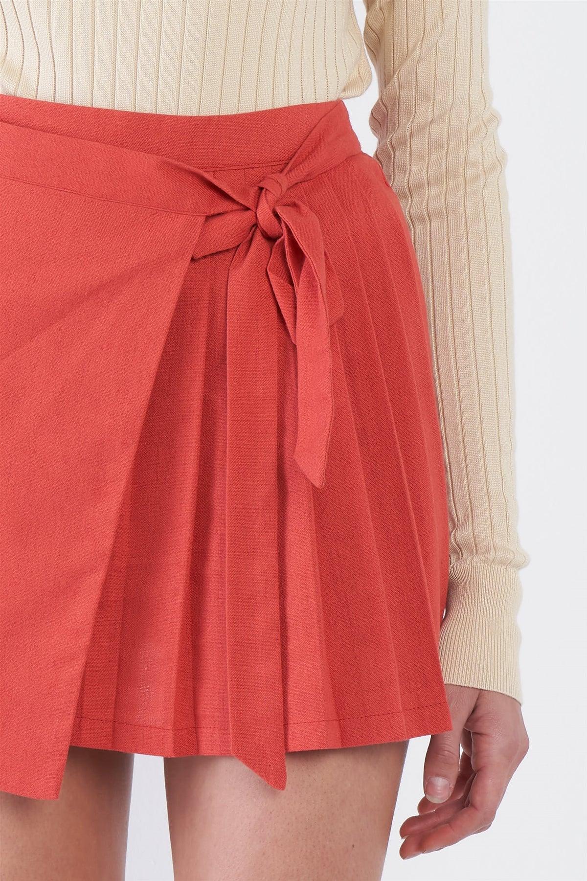 Tomato Red Pleated Mock Wrap Retro Mini Skirt /3-2-1