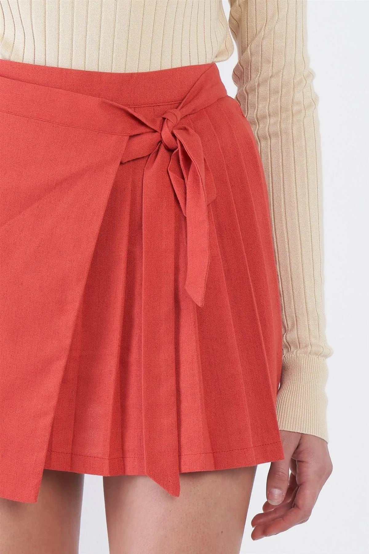 Tomato Red Pleated Mock Wrap Retro Mini Skirt /4-2-1 - Tasha Apparel Wholesale