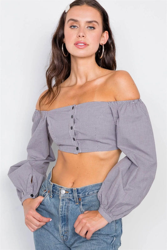 Black & White Micro Plaid Puff Sleeve Crop Top /3-2-1 - Tasha Apparel Wholesale