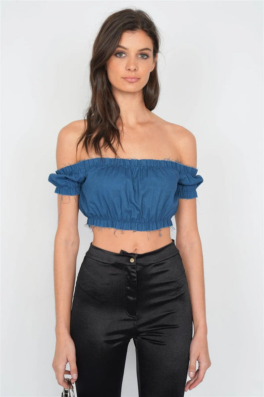 Denim Blue Cotton Raw Hem Round Neck Retro Crop Top /3-2-1 - Tasha Apparel Wholesale