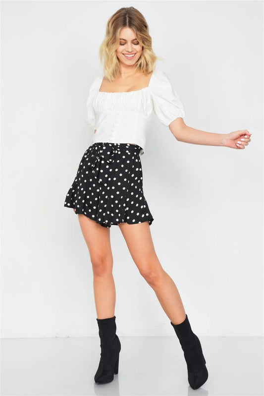 Black & White Polkadot Frill Flare Mini Chic Pleated Shorts /1-1-1 - Tasha Apparel Wholesale