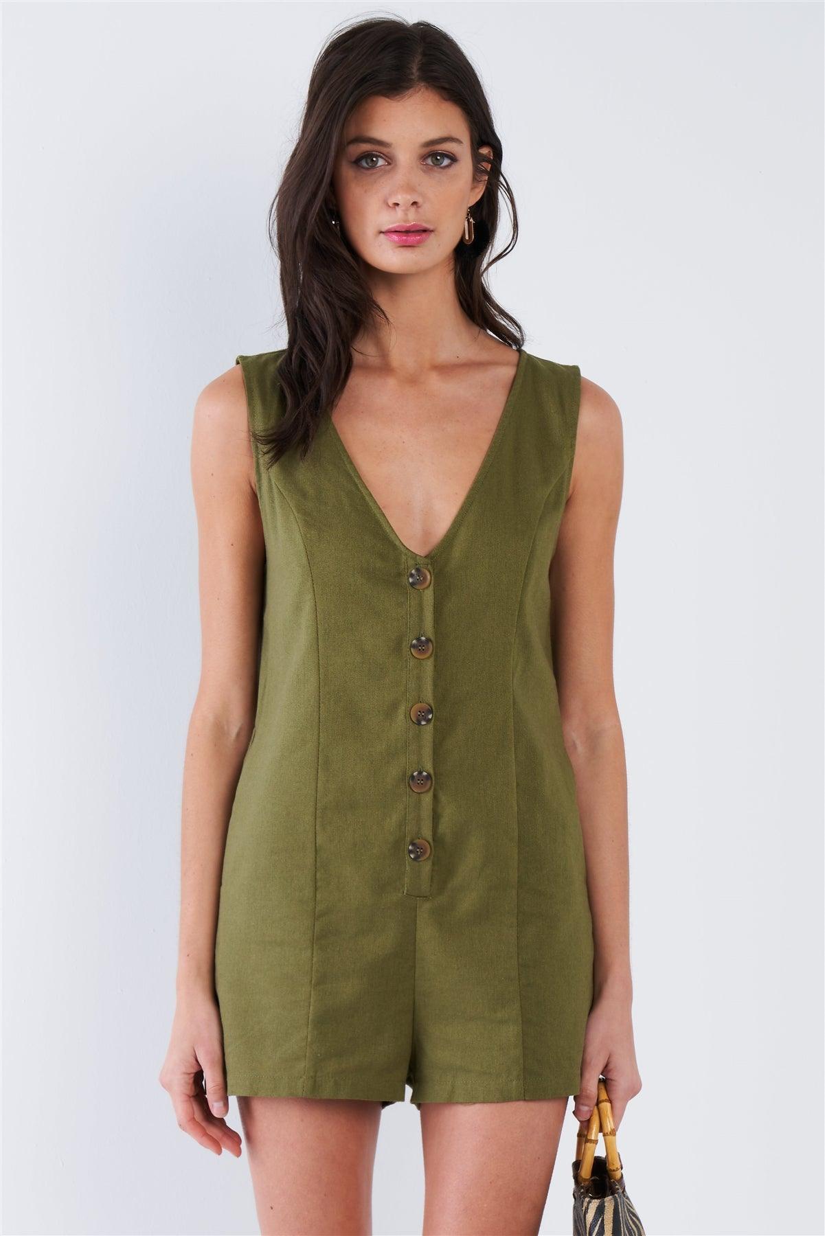 Moss Green Solid Chic V-Neck Front Button Mini Short Romper /3-2-1