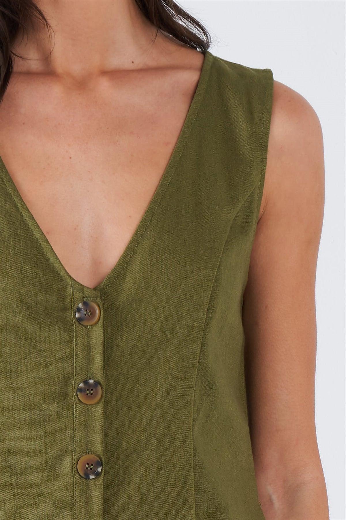 Moss Green Solid Chic V-Neck Front Button Mini Short Romper /3-2-1